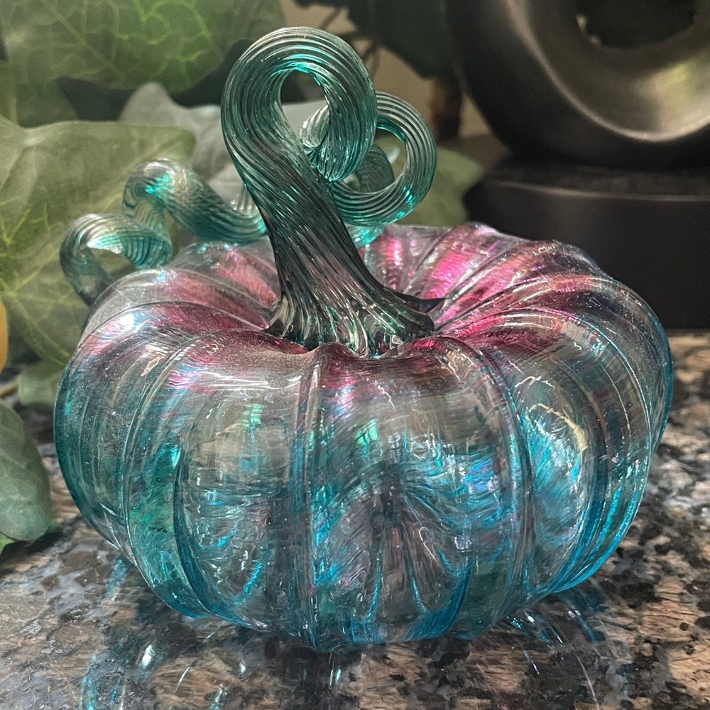 Teal and Pink Glass Art Pumpkin Decor! Stunning!!! Signed -Handblown Iridescent